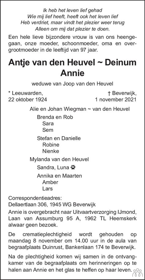 Antje Annie Van Den Heuvel Deinum 01 11 2021 Overlijdensbericht En