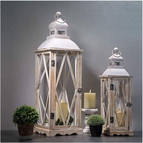 Glitzhome Farmhouse Wood Metal Lanterns Decorative Hanging Candle Lanterns White Set Of 2 No Glass