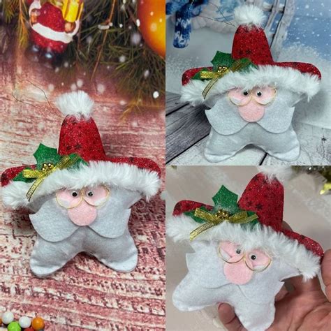 Three Pictures Of Santa Claus Ornaments In The Snow