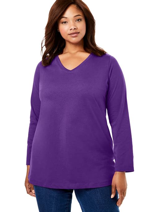 Woman Within Plus Size Perfect V Neck Long Sleeve Tee T Shirt