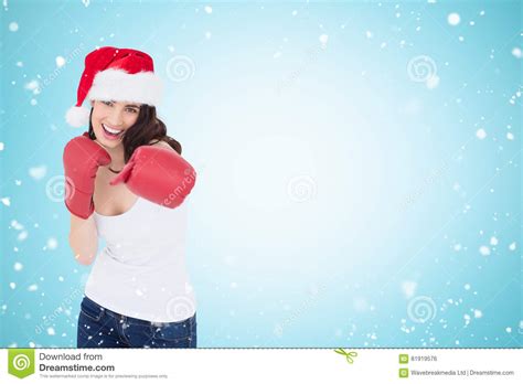 Festive Brunette Punching Boxing Gloves Stock Photos Free Royalty