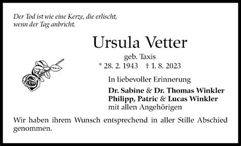 Traueranzeigen Von Ursula Vetter Zeit Des Gedenkens De