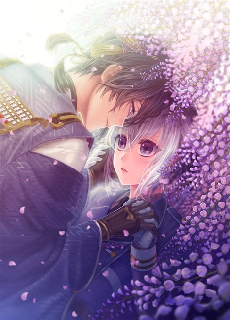 Safebooru 2boys Black Gloves Black Hair Blue Eyes Flower Gloves Hand On Anothers Cheek Hand