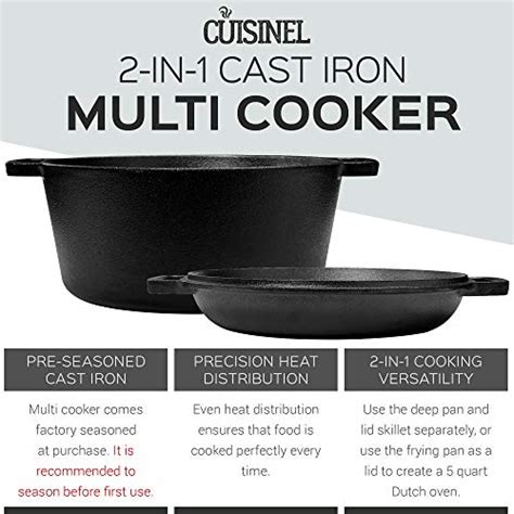 Cuisinel Cast Iron Double Dutch Oven Pre Seasoned 5 Quart Set 2 In 1 Combo Cooker 5 Qt Deep