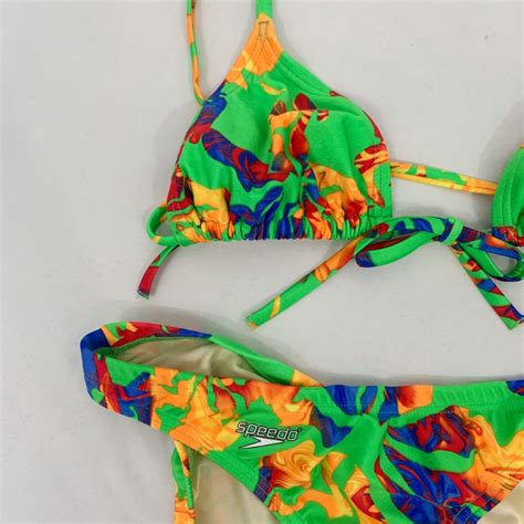 Y2k Speedo Lime Green Floral Print Bikini Sizs Medium Depop Swimsuits