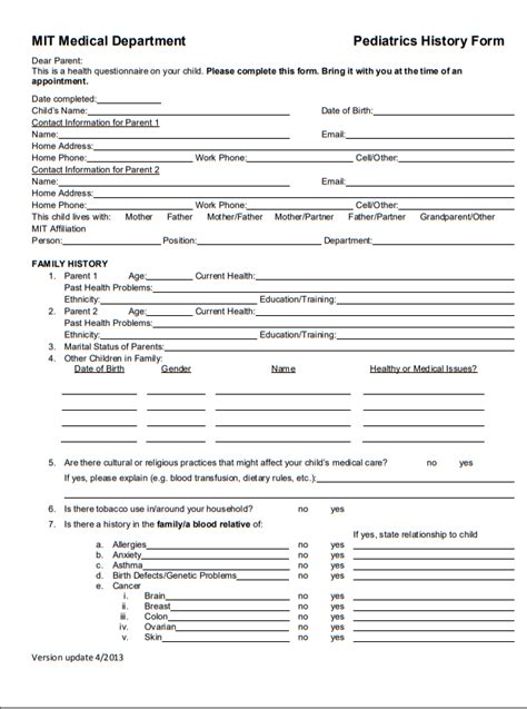 Pediatric Medical History Form Printable