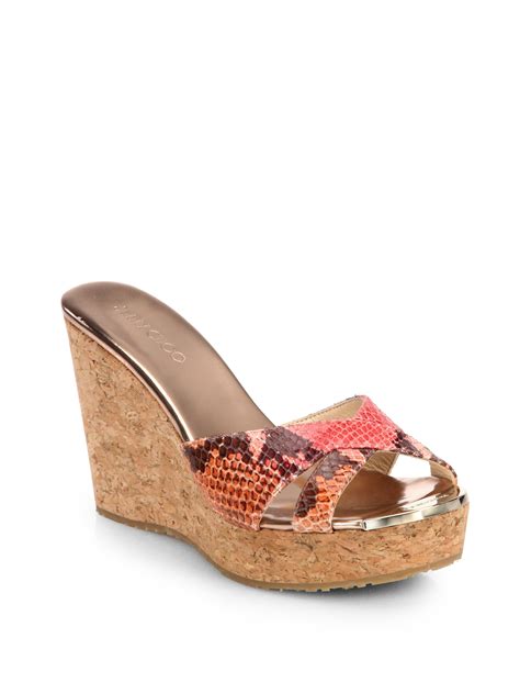 Lyst Jimmy Choo Perfume Snakeskin And Cork Platform Wedge Slides In Pink