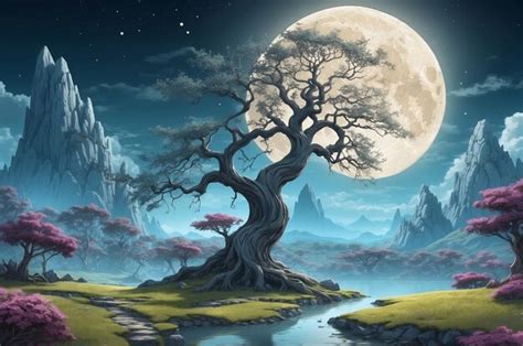 Premium Photo Fantasy Landscape With Tree And Full Moon