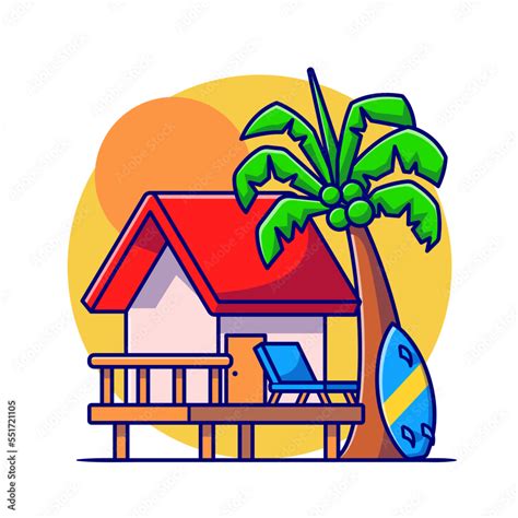 Cottage At Beach With Sunset Cartoon Vector Icon Illustration Building