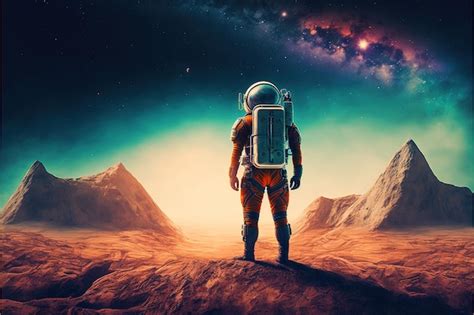 Astronauta De Pie Mirando El Paisaje Natural En El Nuevo Planeta Estilo