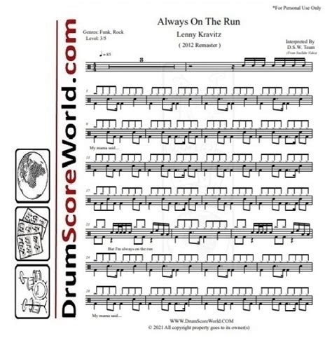 Always on the Run - Lenny Kravitz - Drum Sheet Music - DrumScoreWorld.com – DrumSetSheetMusic