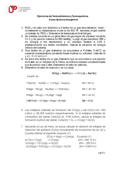 Ejercicios Termodinámica Y Termoquímica Ejercicios De Termodinámica Y Termoquímica Curso