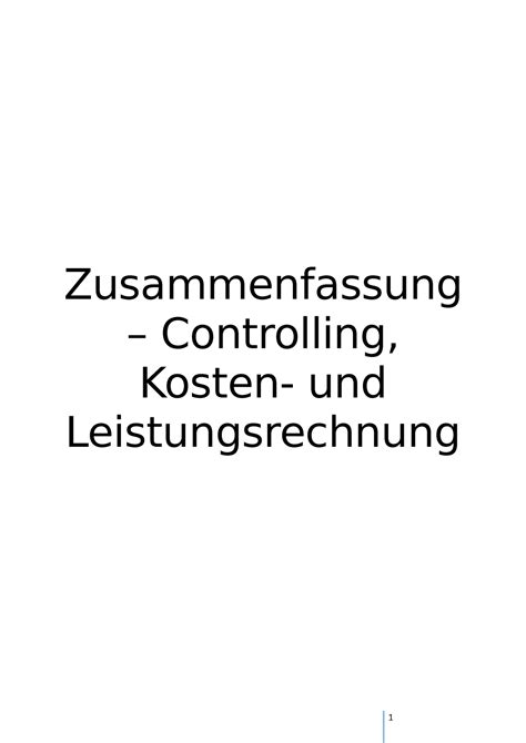 Controlling Kosten Und Leistungsrechnung Zusammenfassung Notizen