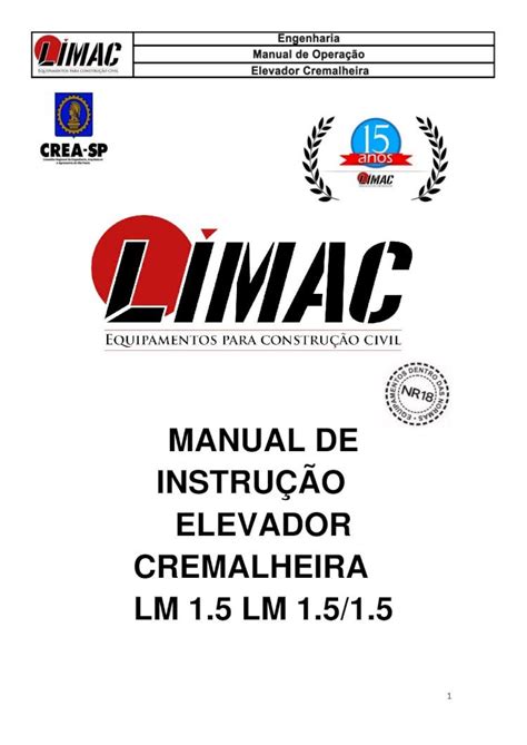 PDF MANUAL DE INSTRUÇÃO ELEVADOR CREMALHEIRA LM 1 5 tela de aço