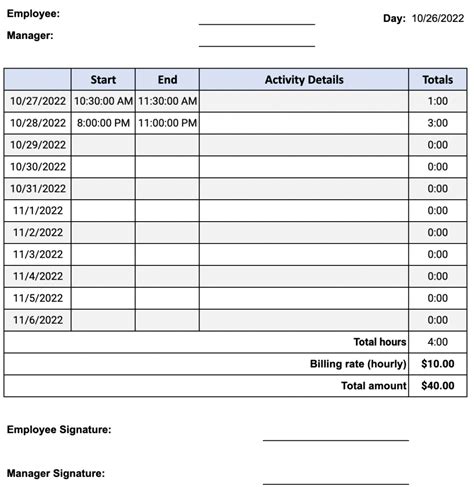 Printable Contractor Timesheet Template