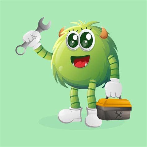 Premium Vector Cute Green Monster Holding Spanner And Tolls Box