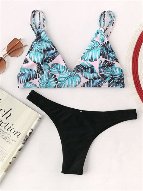 Palm Print Strappy Bikini Set SheIn Sheinside