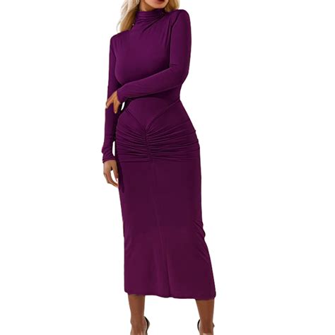 DVKOVI Women S Casual Turtle Neck Pad Included Maxi Dress Solid Color