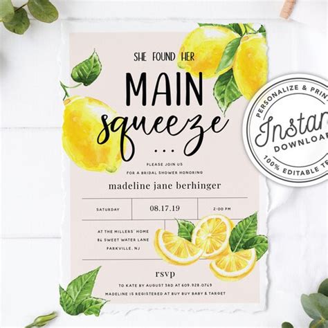 Paper Party Supplies Invitations Lemon Citrus Watercolor Invite Lemon