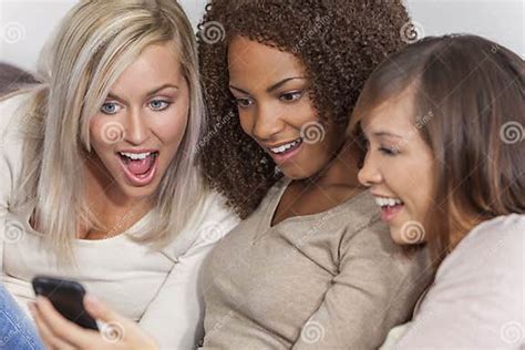 Interracial Group Beautiful Women Friends Using Smartphone Stock Image Image Of Mixed