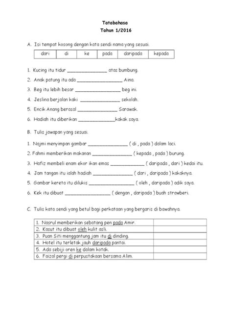 Latihan Bahasa Melayu Tahun 1 Kata Sendi Nama Kata Sendi Nota Pdf