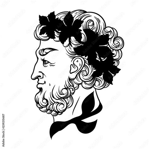 Vector hand drawn illustration with God of wine. Artwork with profile of antique God. Template ...