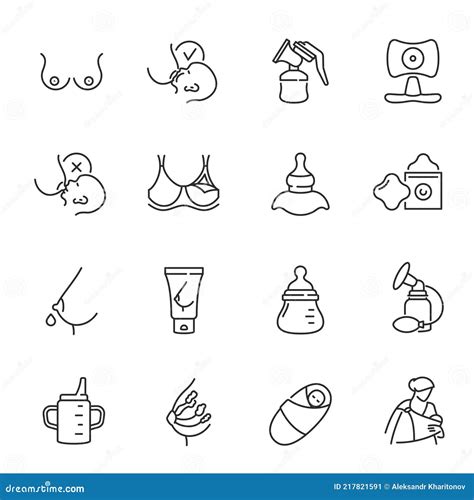 Outline Simple Monochrome Breast Feeding Icon Set Vector Illustration