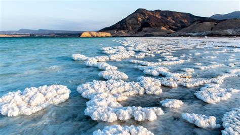 Salt Crystals Emerging From The Water With Mountains In The Background