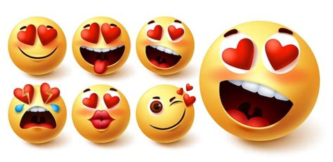 Emoji Valentinsgru Vektor Set Emojis Gelbes Gesicht In Herzaugen Mit