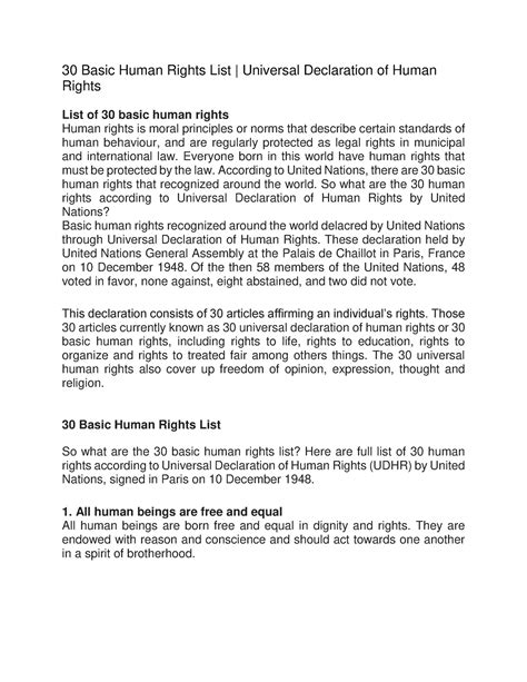 Basic Human Rights List English Basic Human Rights List