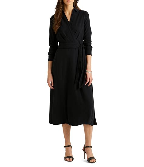 Lauren Ralph Lauren Faux Wrap Surplice V Neck Long Sleeve Midi Shirt Dress Dillards