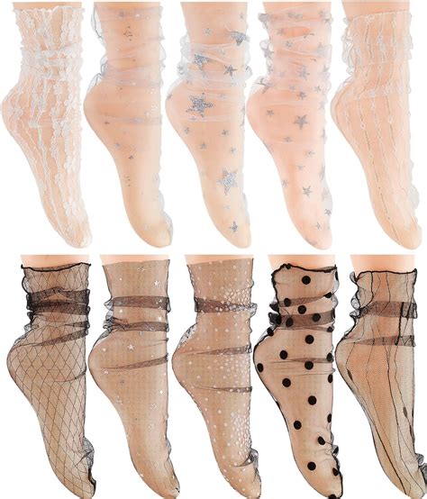 10 Pares Calcetines De Tul Calcetines Brillantes Transparentes De