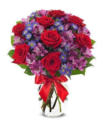 Janousek Florist - Best Sellers - Red Roses and Purple Alstromeria