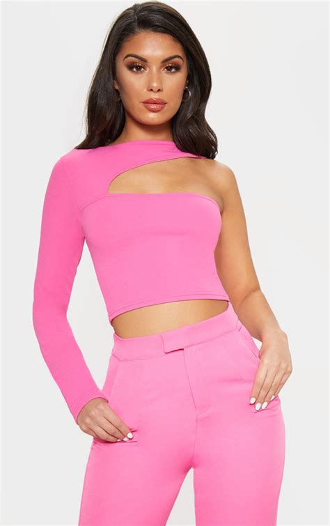 Hot Pink One Shoulder Cut Out Top Tops Prettylittlething