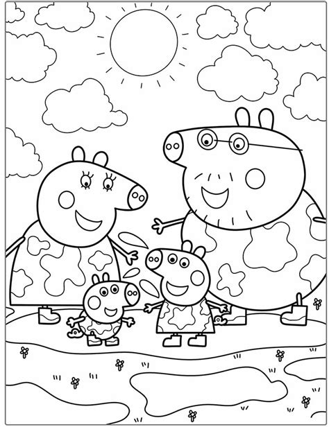 Coloriage De La Famille De Peppa Jouant Dans La Boue