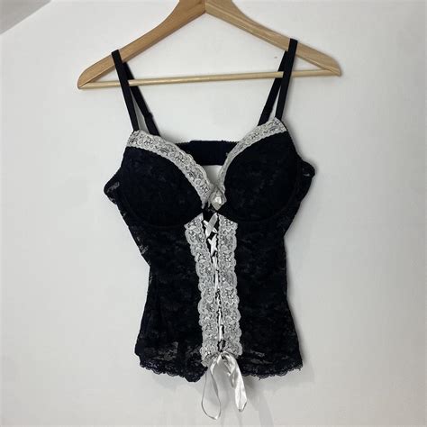 Vintage Black Lacey Corset Top With Lace Up Detail Depop