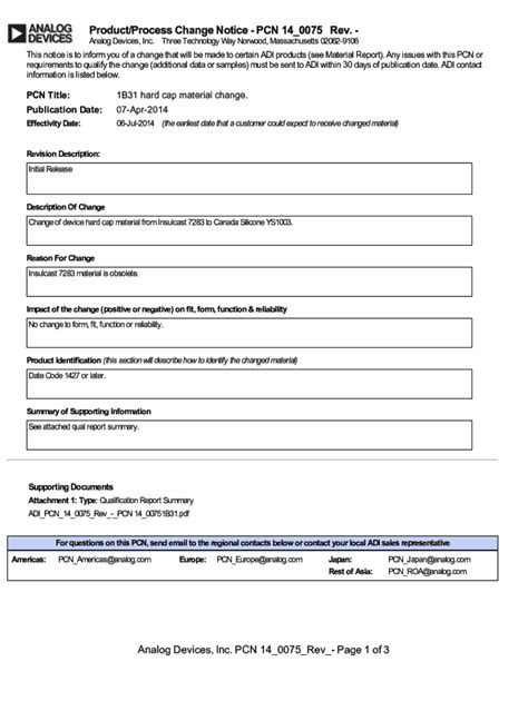 Fillable Online Product Process Change Notice PCN 14 0140 Rev A