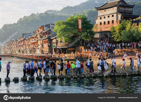 Tourists Walk Foot Stands Cross Tuojiang River Tuo River Fenghuang