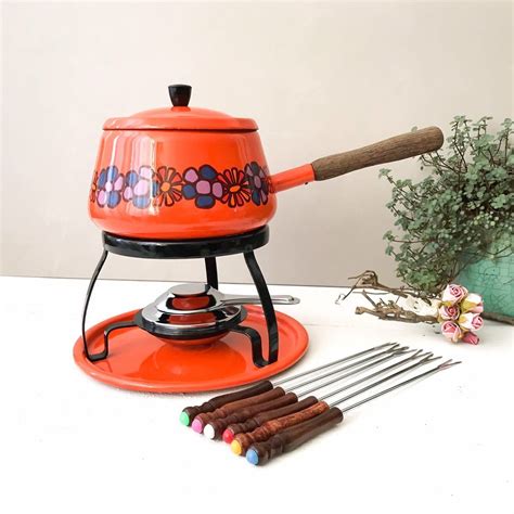 Vintage Brabantia Fondue Set Retro Orange Floral Diane Pattern 70s