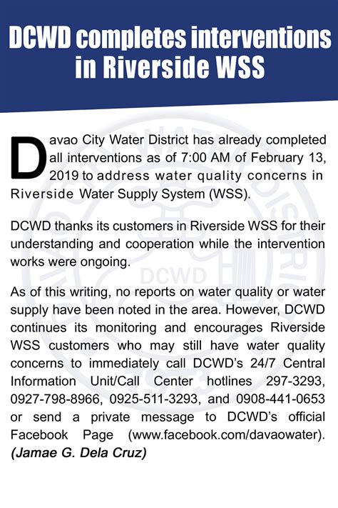 Dcwd Completes Interventions In Riverside Wss