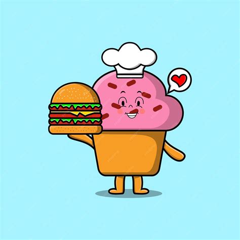 Premium Vector Cute Cartoon Cupcake Chef Character Holding Burger In