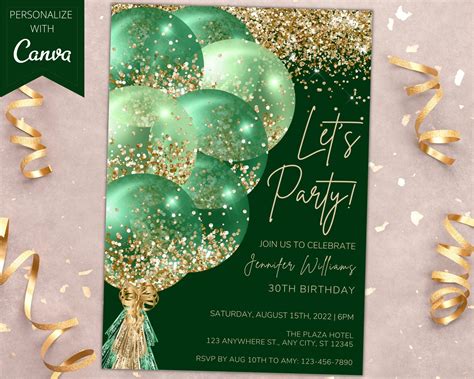 Printable Green Gold Glitter Balloons Birthday Party Etsy