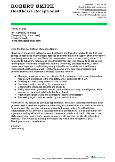 Healthcare Receptionist Cover Letter Examples Qwikresume