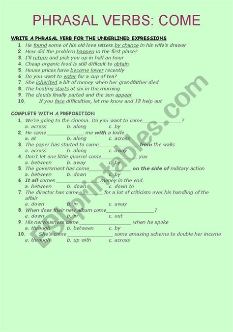 Phrasal Verb Come Esl Worksheet By Ingrid10