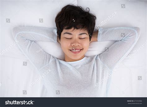 Smiling Pretty Asian Woman Sleeping Bed Stock Photo 677253586