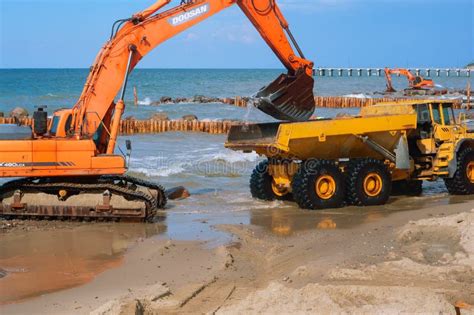 Construction of Breakwaters, Construction Equipment on the Sea Coast ...