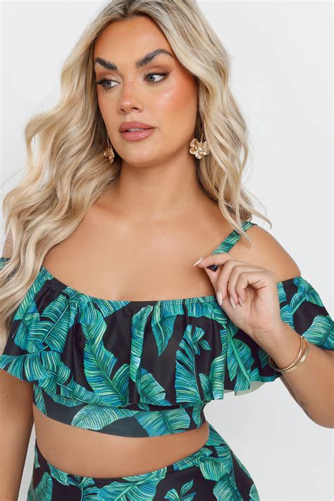 Yours Plus Size Green Leaf Print Bardot Frill Bikini Top Yours Clothing