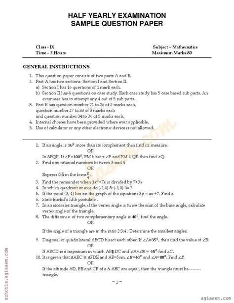 Class Maths Sample Paper Half Yearly Th Maths Half Yearly