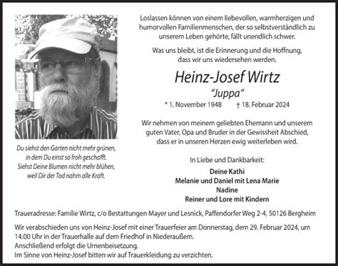 Traueranzeigen Von Heinz Josef Wirtz WirTrauern