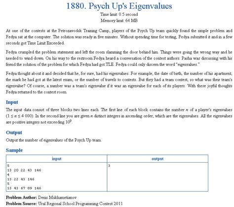 Coding Exercise - Timus Online Judge - 1880. Psych Up's Eigenvalues - C++ solution | Algorithms ...